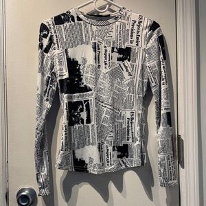 SHEIN Black and White Newspaper Print Long Sleeve Top silky feel